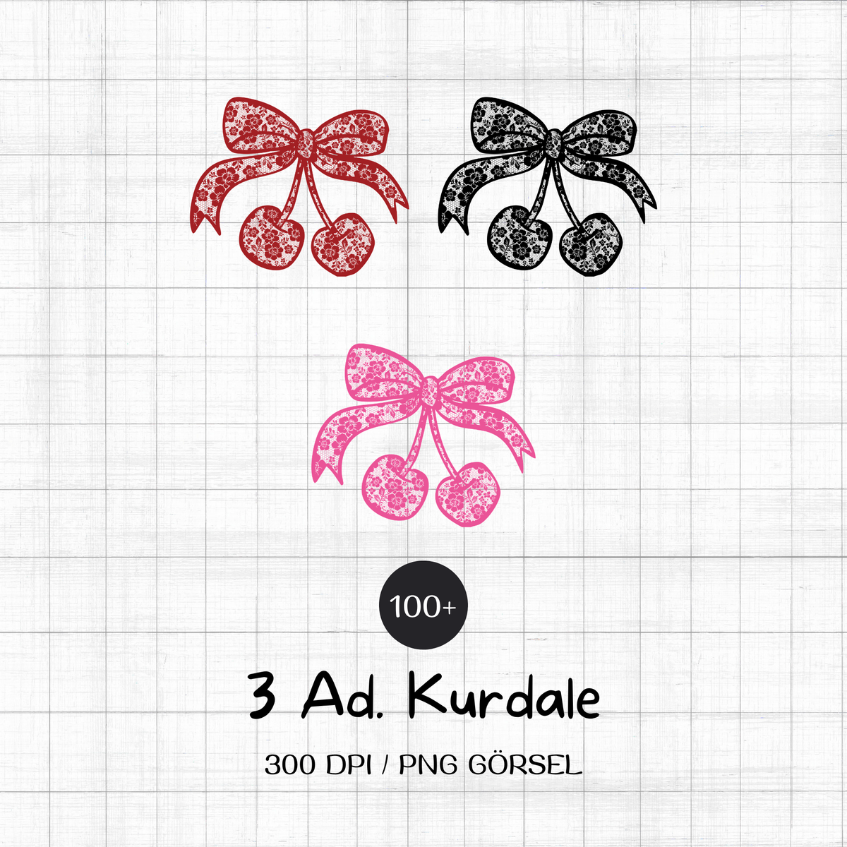 3’lü Kirazlı Dantel Kurdele PNG Tasarım Paketi – 3 Renk Dijital Set