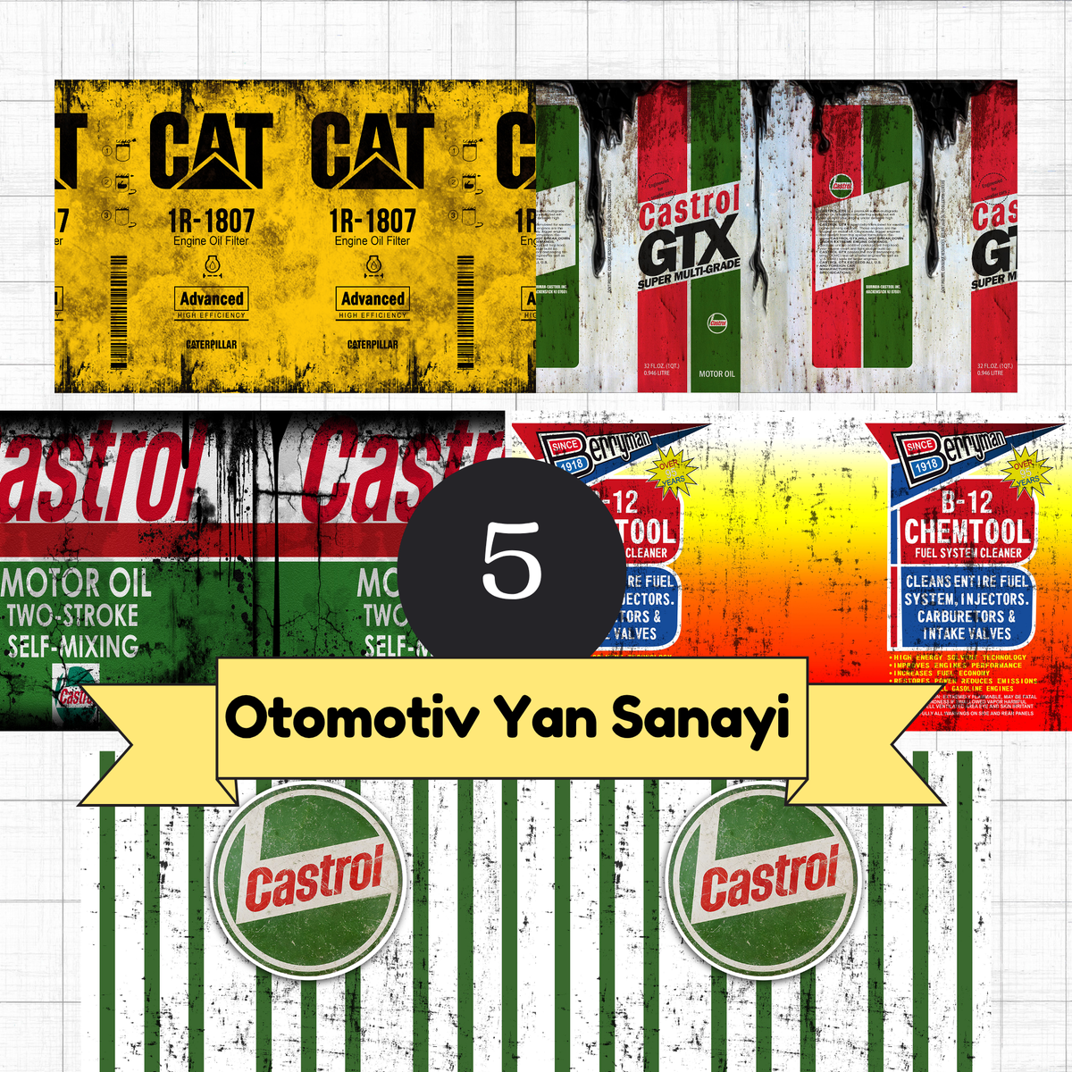 5’li Otomotiv Yan Sanayi PNG Tasarım Paketi – Retro Garage Dijital Set