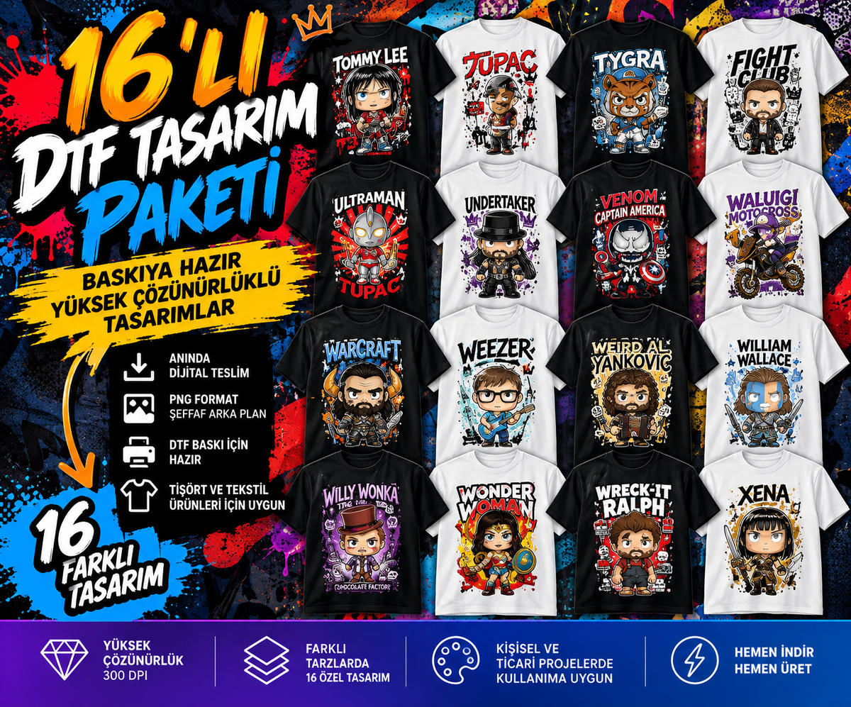 16’lı Pop Culture DTF Tasarım Paketi – Baskıya Hazır Dijital Tasarım Seti