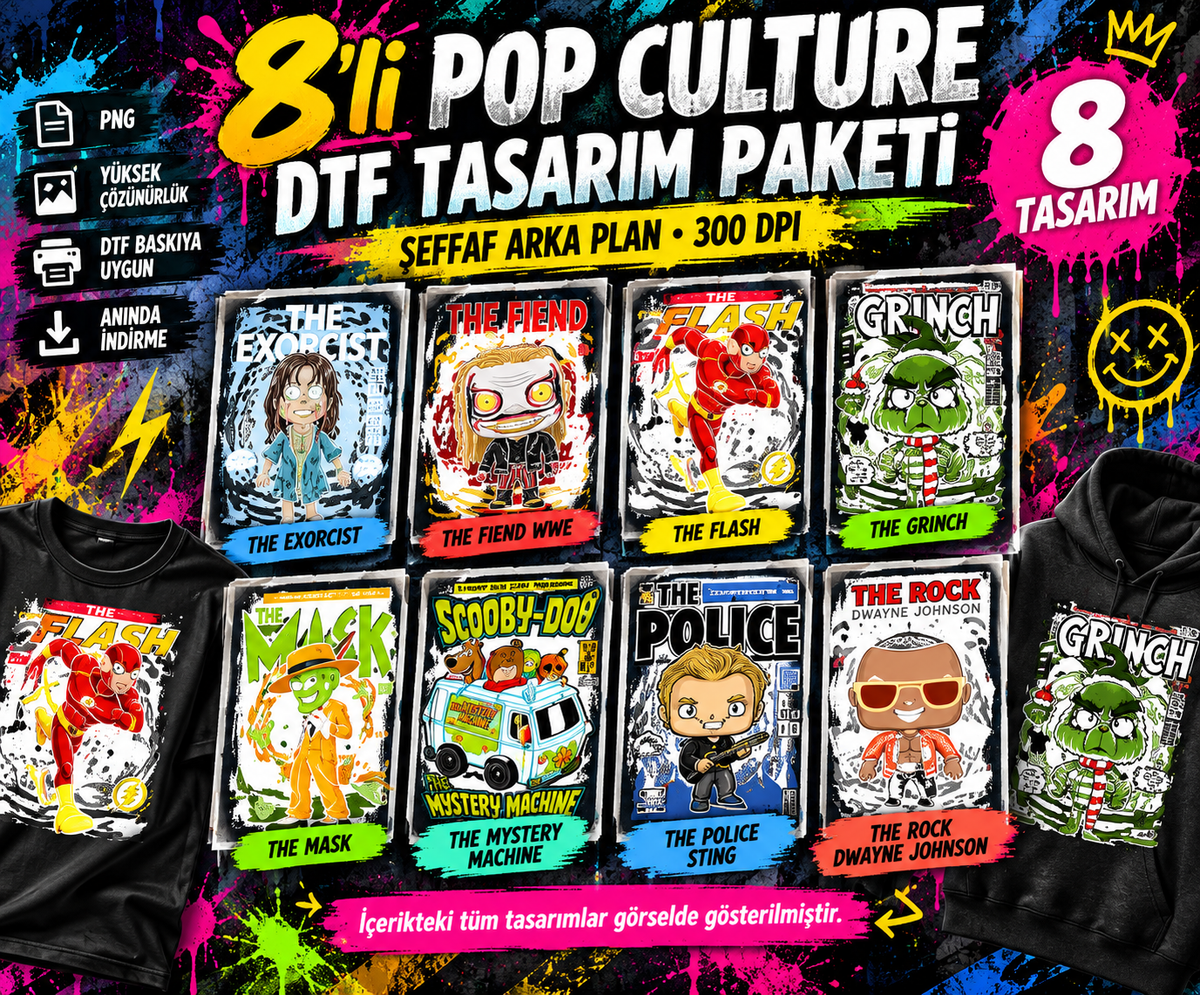 8’li Pop Culture DTF Tasarım Paketi – Baskıya Hazır Dijital Tasarım Seti