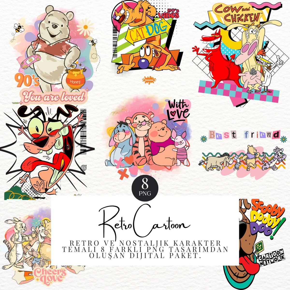 8’li Retro Cartoon PNG Tasarım Paketi – Baskıya Hazır Dijital Set
