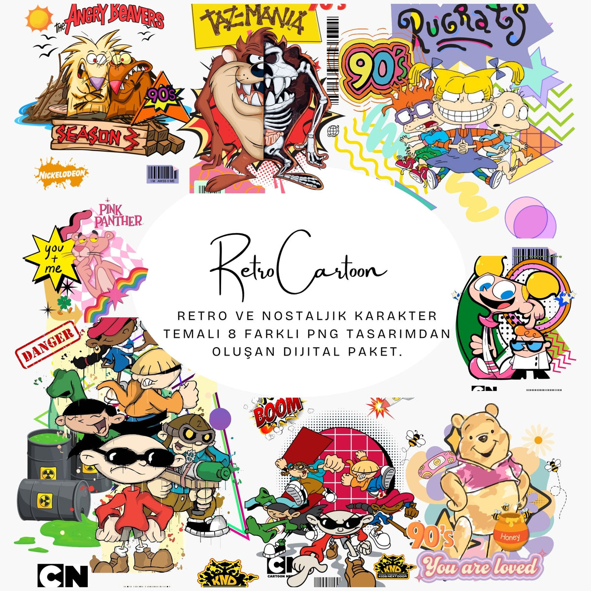 8’li 90’lar Retro Cartoon PNG Tasarım Paketi – Baskıya Hazır Dijital Set