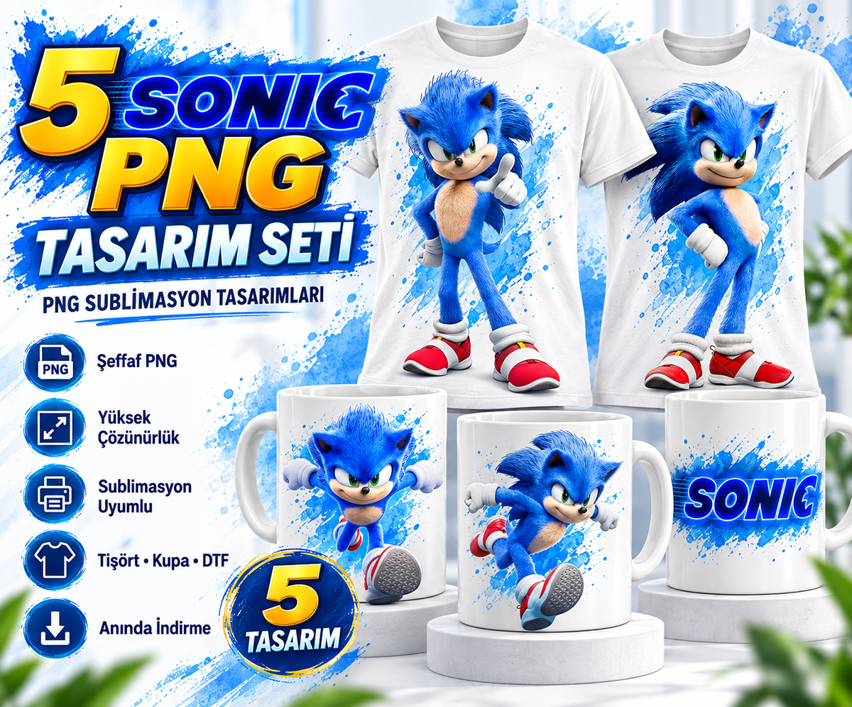 Sonic PNG Tasarım Seti – Sublimasyon ve DTF İçin Yüksek Çözünürlüklü Dijital Dosya