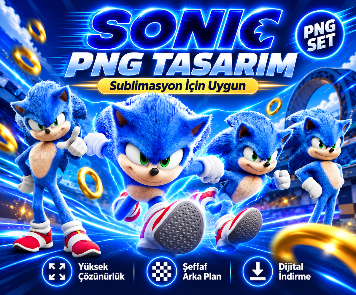 Sonic PNG Tasarım Seti – Sublimasyon ve DTF İçin Yüksek Çözünürlüklü Dijital Dosya