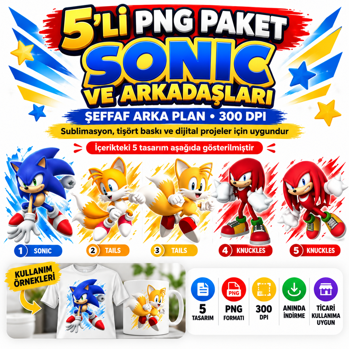 Sonic, Tails ve Knuckles PNG Paketi – 5’li Şeffaf Arka Plan Tasarım Seti